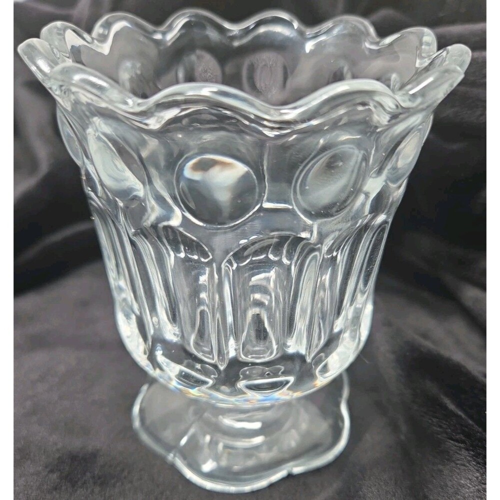 Vintage Pedestal clear vase/open spooner 4x5" Indiana Glass Thumbprint & Panel